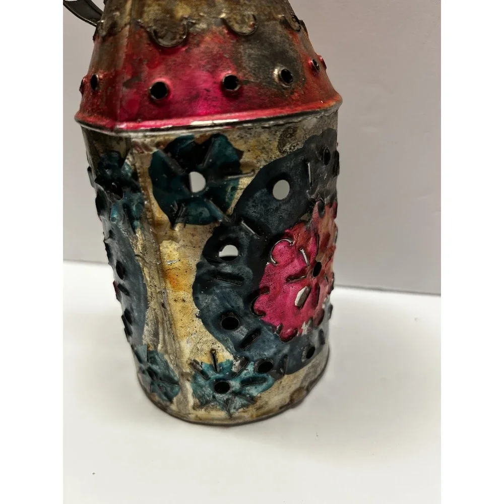 Vintage Handmade Mexican Punched Tin Lantern Luminary Folk Art Candle Holder